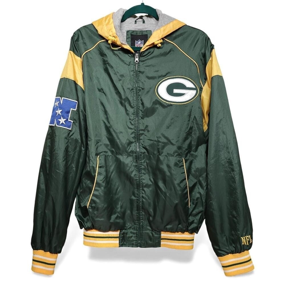 Green Bay Packers‎ NFL Jacket Windbreaker Hooded Green Gold Men L G Logo